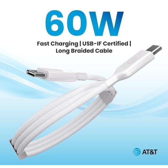 AT&T 6ft USB-C to USB-C Cable Fast Charging Data Transfer Safe Tangle Free White - Picture 2 of 8